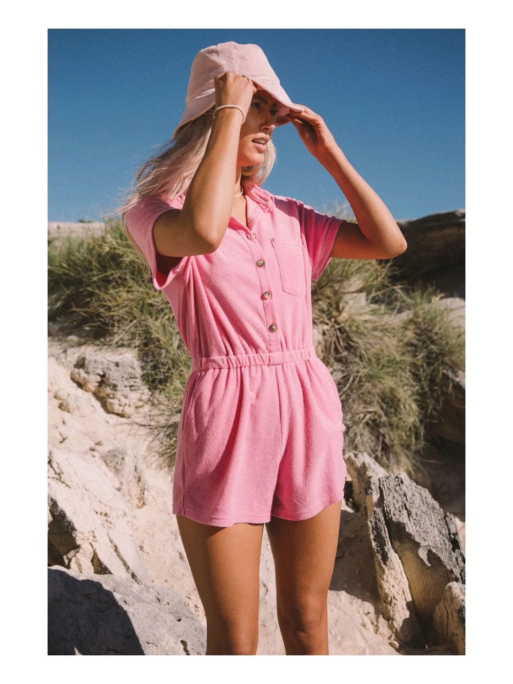 Araminta James Pink Terry Cloth Romper S Button Front Collared 25868